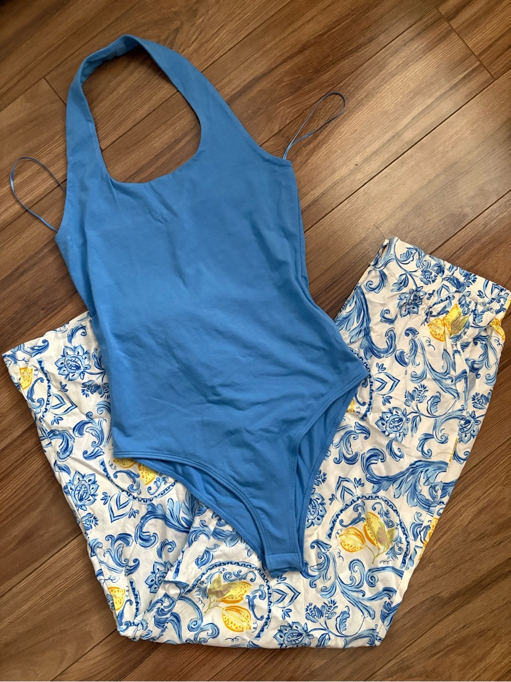 Blue Halter Bodysuit with Floral Print Set